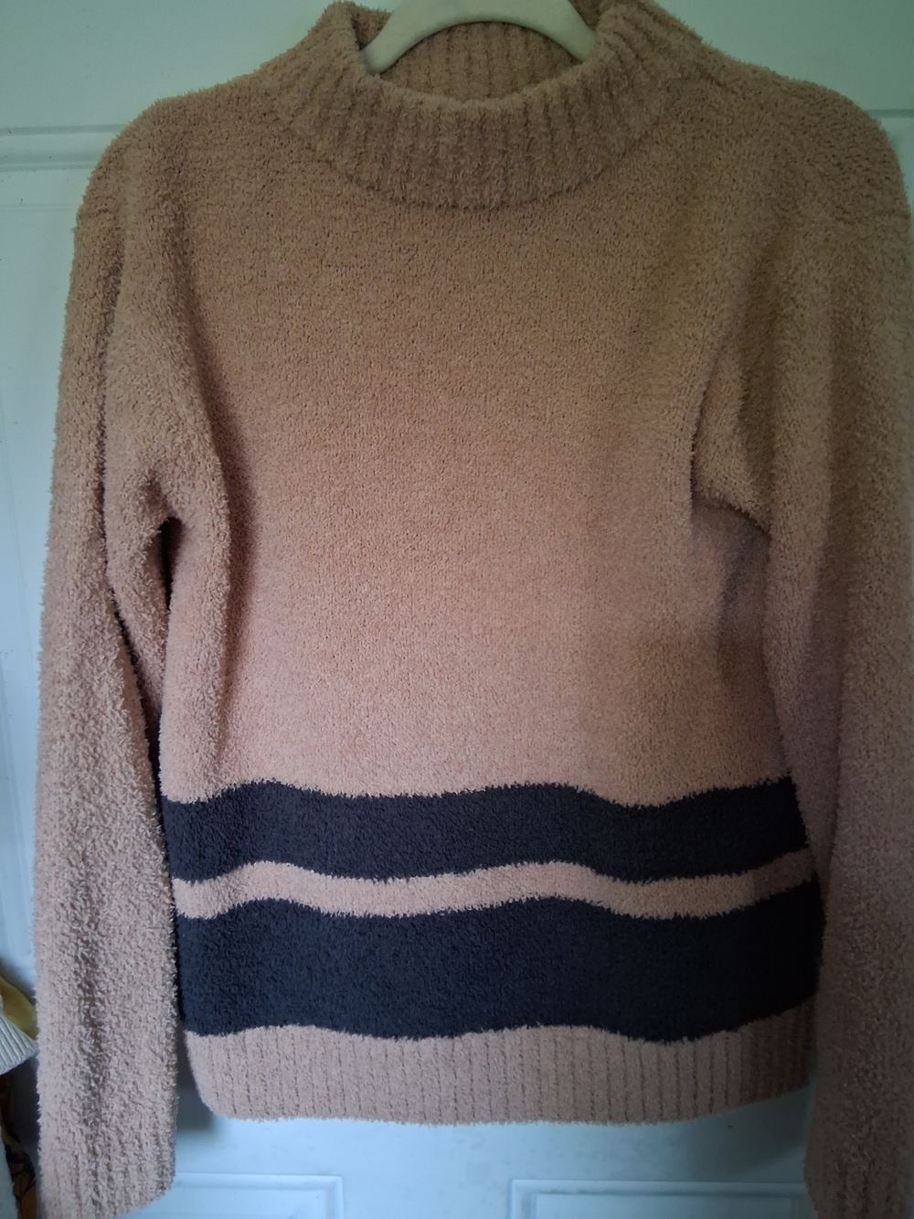 St. John's Bay Tan and Black Striped Mock Neck Sweater